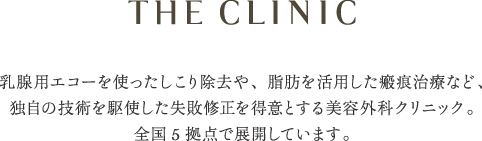 THE CLINIC 乳腺用エコーを使ったしこり除去や、脂肪を活用した瘢痕治療など、独自の技術を駆使した失敗修正を得意とする美容外科クリニック。全国5拠点で展開しています。