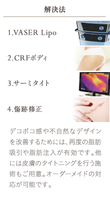 1.VASER Lipo | 2.CRFボディ | 3.サーミタイト | 4.傷跡修正 | デコボコ感や不自然なデザインを改善するためには、再度の脂肪吸引や脂肪注入が有効です。他には皮膚のタイトニングを行う施術もご用意。オーダーメイドの対応が可能です。