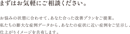 まずはお気軽にご相談ください。 | お悩みの状態に合わせて、あなた合った改善プランをご提案。私たちの膨大な症例データから、あなたの症状に近い症例をご呈示し、仕上がりイメージを共有します。